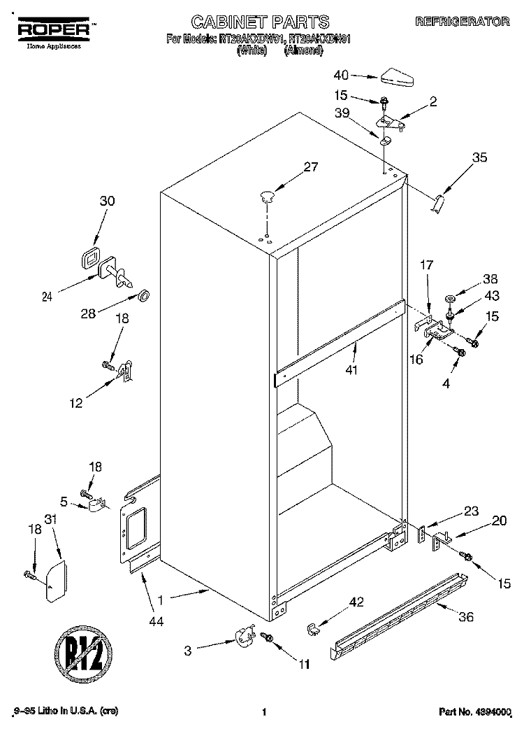 CABINET Diagram and Parts List for RT20AKXDN01  Roper Refrigerator