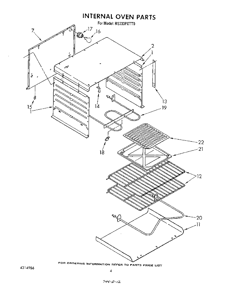 INTERNAL OVEN Diagram and Parts List for RS333PXTT0  Whirlpool Range