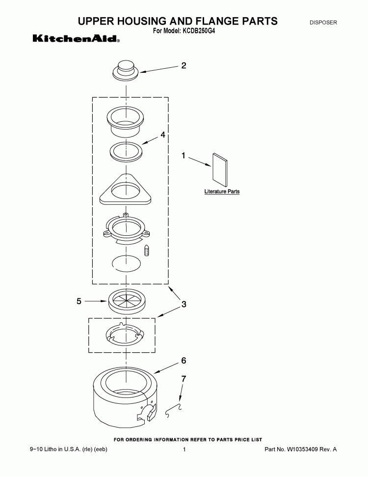 UPPER HOUSING AND FLANGE PARTS Diagram and Parts List for KCDB250G4  KitchenAid Food Waste Disposer