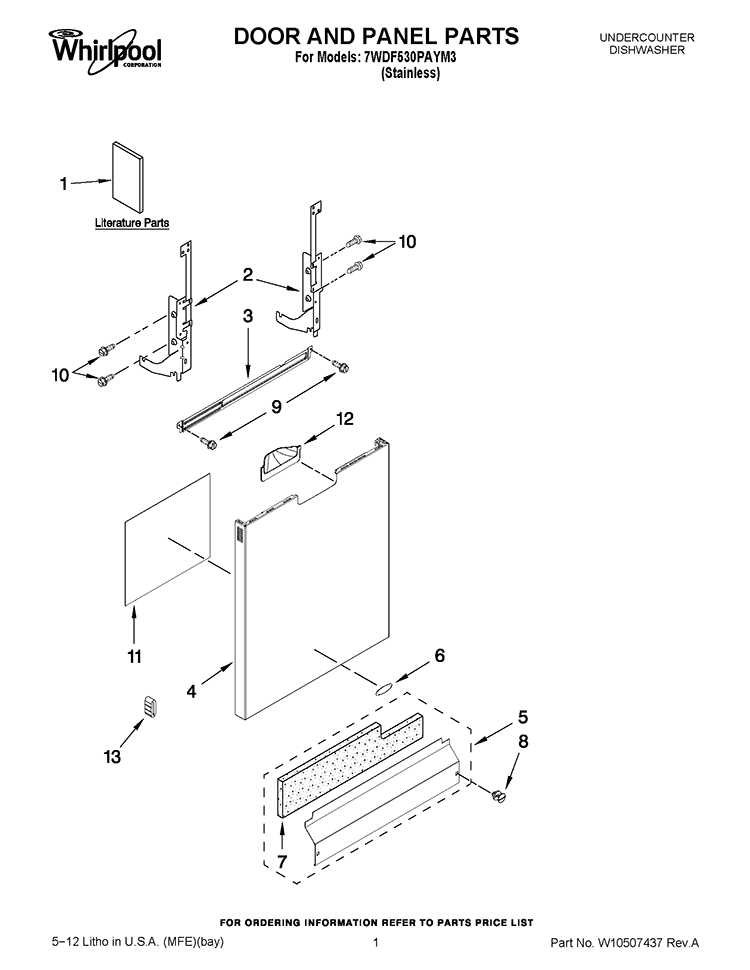 DOOR AND PANEL PARTS Diagram and Parts List for 7WDF530PAYM3  Whirlpool Dishwasher