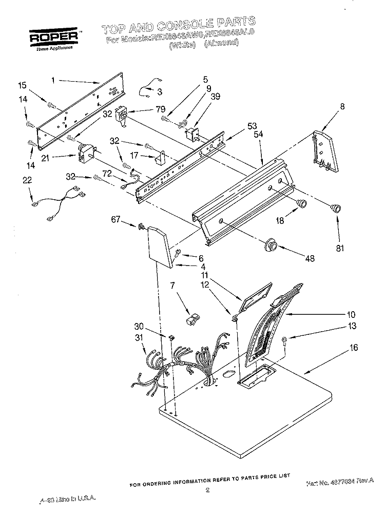 SECTION Diagram and Parts List for REX6646AW0  Roper Dryer