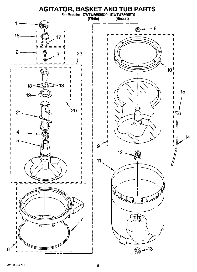 AGITATOR, BASKET AND TUB PARTS Diagram and Parts List for 1CWTW5590SQ0  Whirlpool Washer