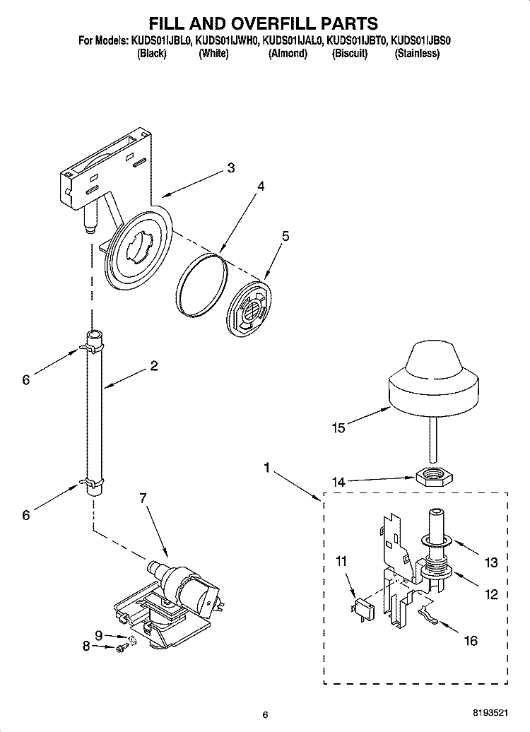 FILL AND OVERFILL PARTS Diagram and Parts List for KUDS01IJBL0  KitchenAid Dishwasher