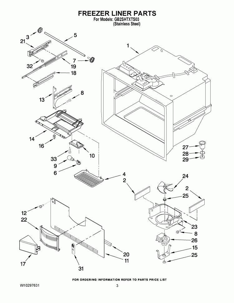 FREEZER LINER PARTS Diagram and Parts List for GB2SHTXTS03  Whirlpool Refrigerator
