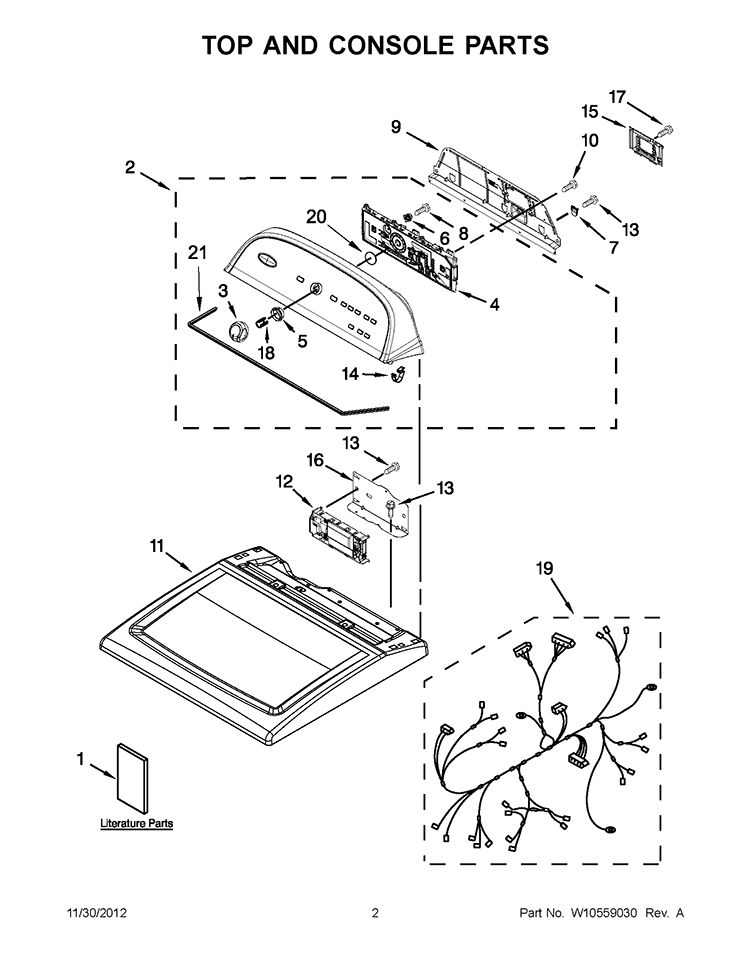 TOP AND CONSOLE PARTS Diagram and Parts List for 4GWED5500YW1  Whirlpool Dryer
