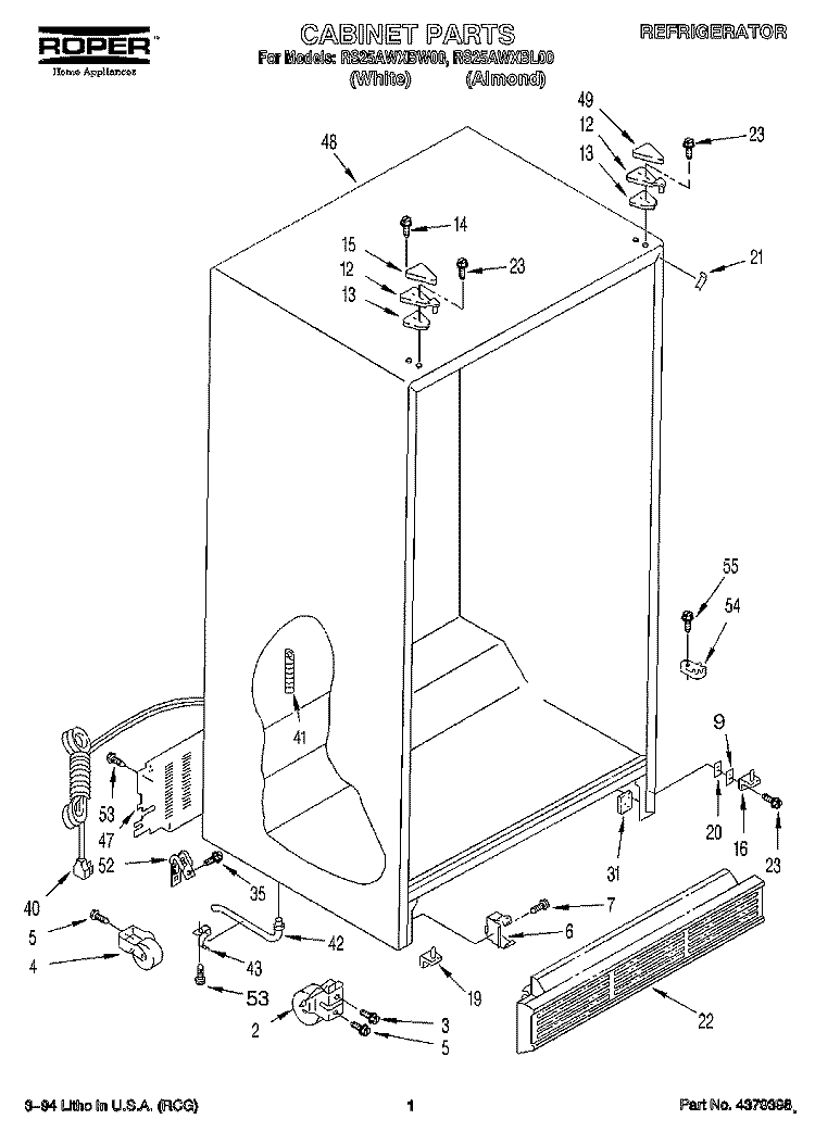CABINET Diagram and Parts List for RS25AWXBW00  Roper Refrigerator