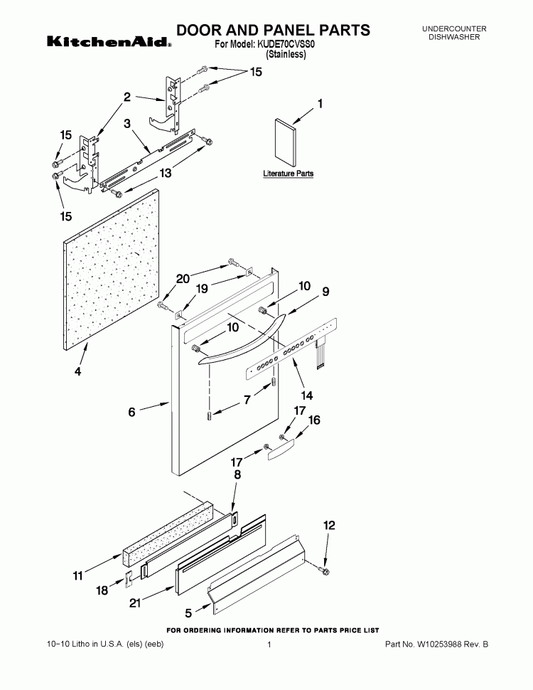 DOOR AND PANEL PARTS Diagram and Parts List for KUDE70CVSS0  KitchenAid Dishwasher