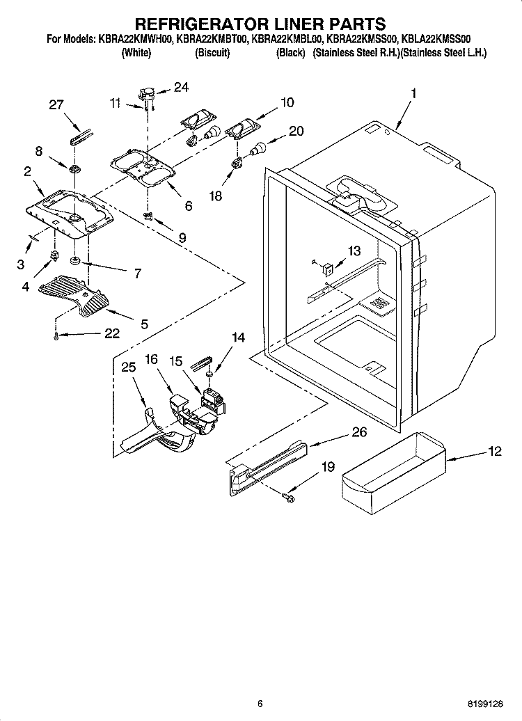 REFRIGERATOR LINER PARTS Diagram and Parts List for KBLA22KMSS00  KitchenAid Refrigerator