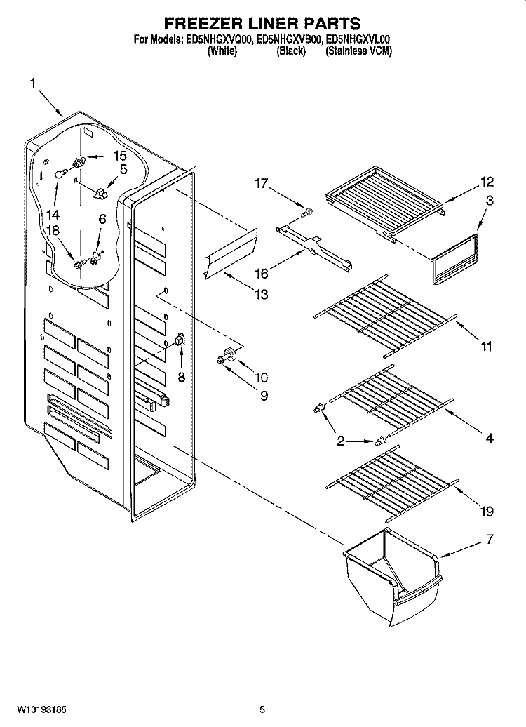FREEZER LINER PARTS Diagram and Parts List for ED5NHGXVQ00  Whirlpool Refrigerator