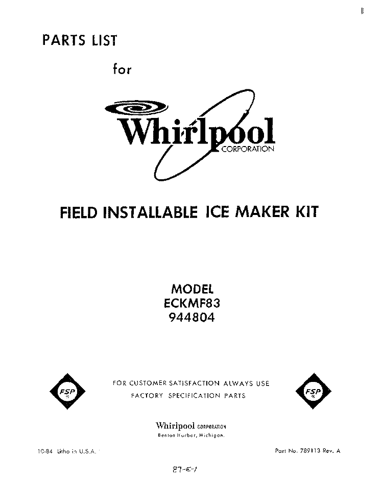 SECTION Diagram and Parts List for ECKMF83  Whirlpool Ice Maker