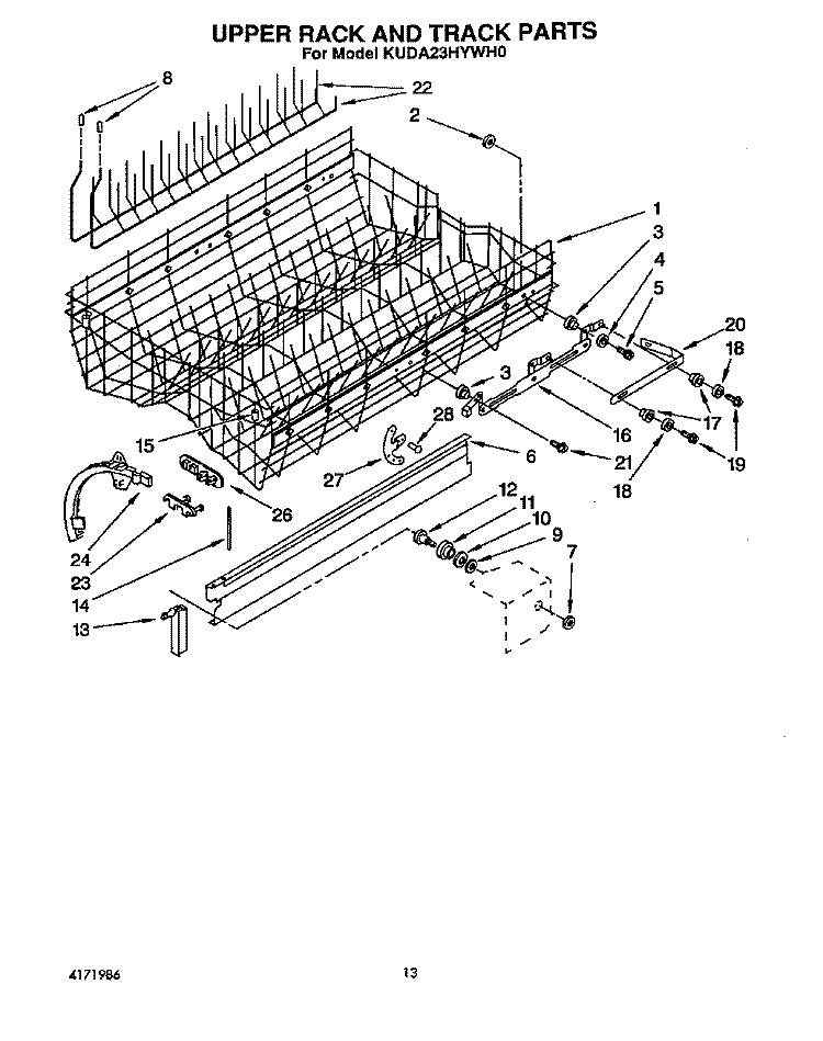 UPPER RACK AND TRACK Diagram and Parts List for KUDA23HYWH0  KitchenAid Dishwasher