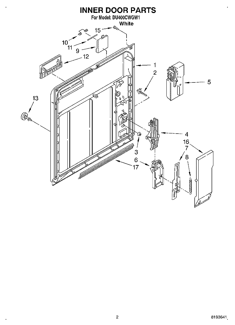 INNER DOOR Diagram and Parts List for DU400CWGW1  Whirlpool Dishwasher