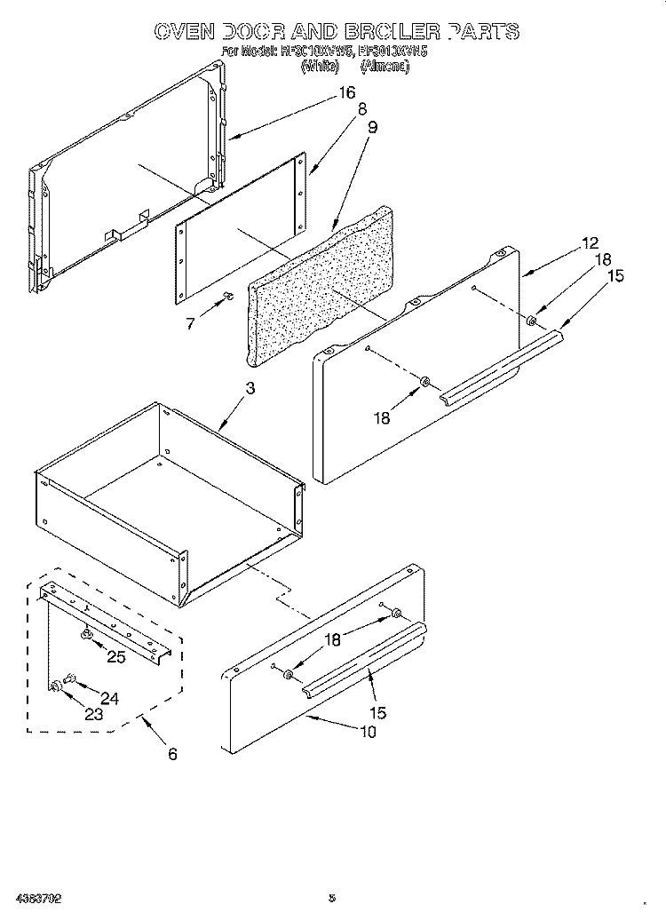 OVEN DOOR AND BROILER Diagram and Parts List for RF3010XVW5  Whirlpool Range