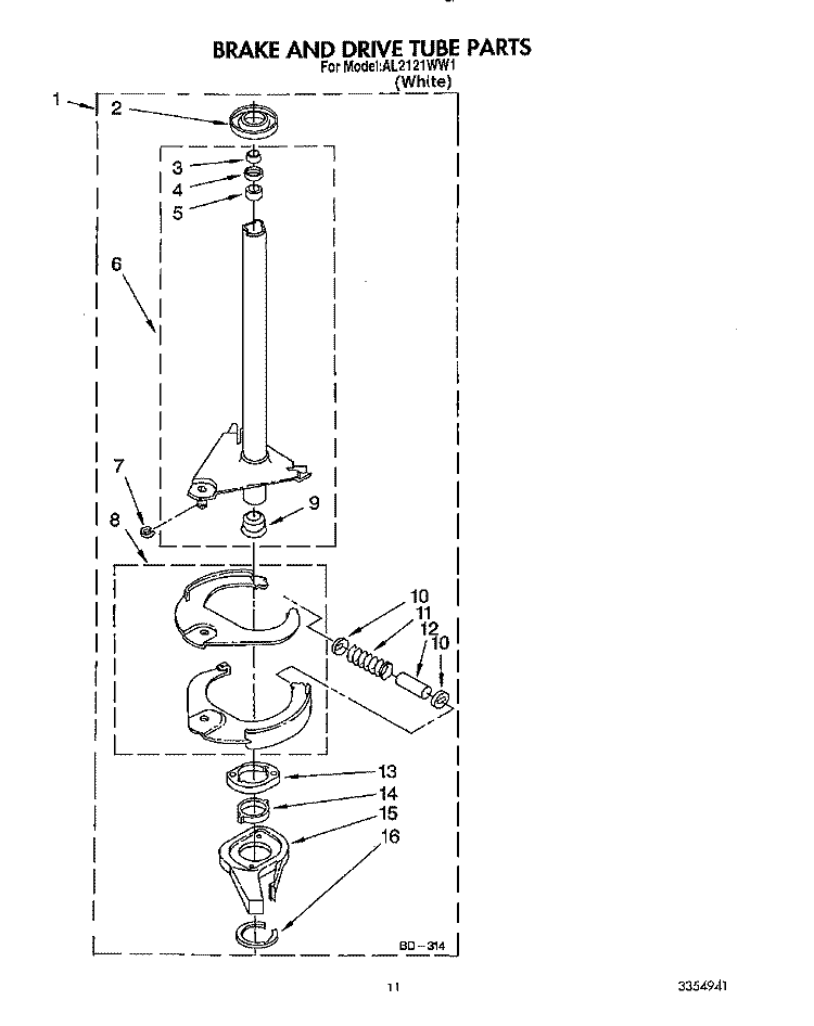 BRAKE AND DRIVE TUBE Diagram and Parts List for AL2121WW1  Whirlpool Washer