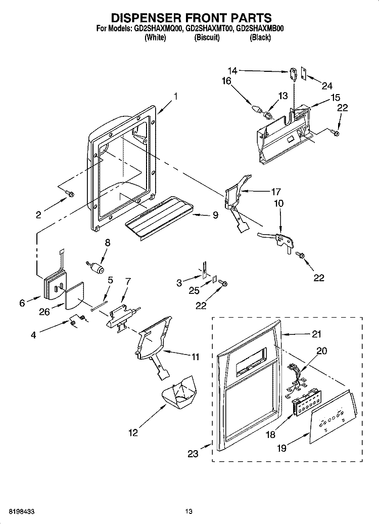 DISPENSER FRONT PARTS Diagram and Parts List for GD2SHAXMQ00  Whirlpool Refrigerator