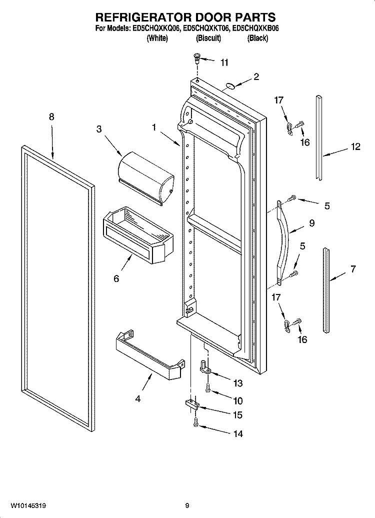 REFRIGERATOR DOOR PARTS Diagram and Parts List for ED5CHQXKQ06  Whirlpool Refrigerator