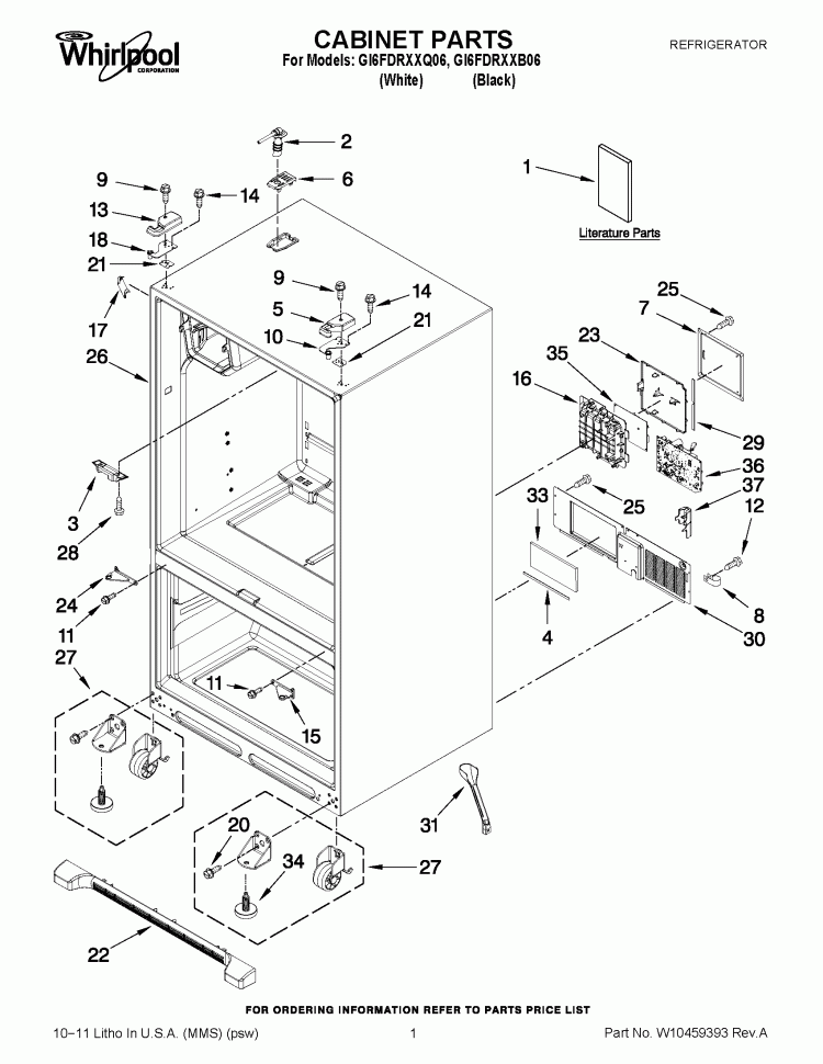 CABINET PARTS Diagram and Parts List for GI6FDRXXB06  Whirlpool Refrigerator