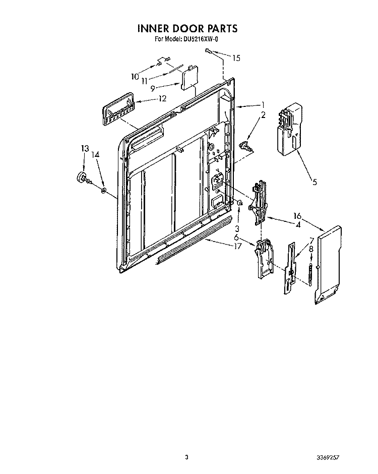 INNER DOOR Diagram and Parts List for DU5216XW0  Whirlpool Dishwasher