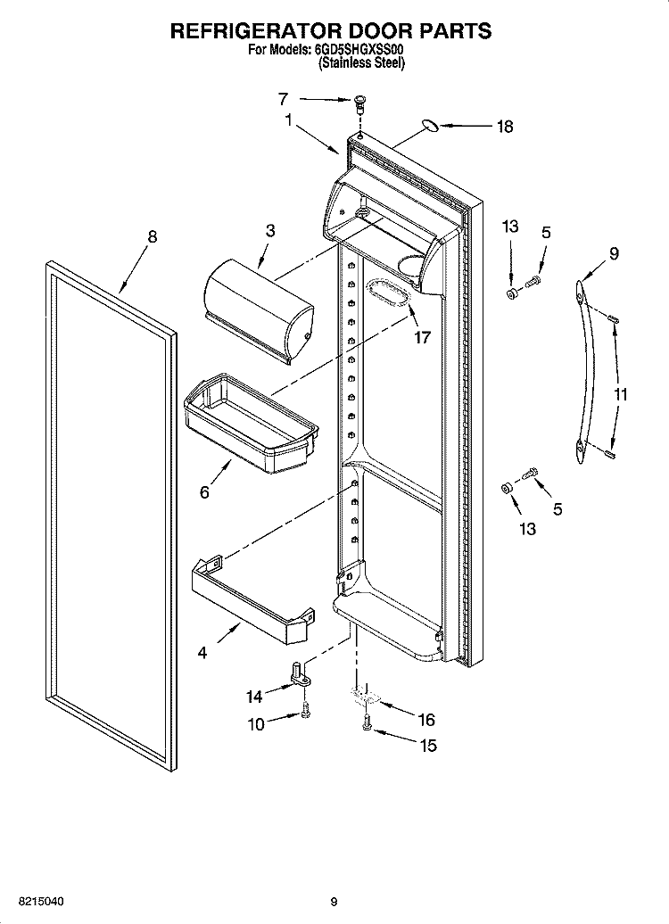 REFRIGERATOR DOOR PARTS Diagram and Parts List for 6GD5SHGXSS00  Whirlpool Refrigerator