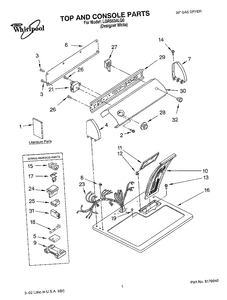 TOP AND CONSOLE, LITERATURE Diagram and Parts List for LGR5634LQ0  Whirlpool Dryer