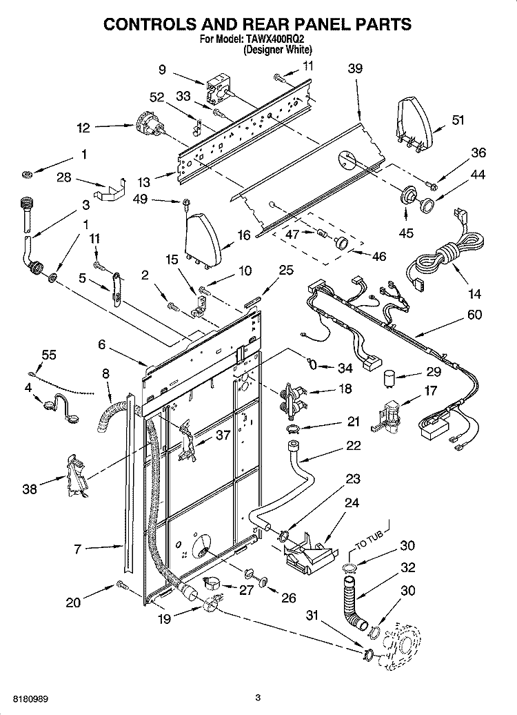 CONTROLS AND REAR PANEL PARTS Diagram and Parts List for TAWX400RQ2  Estate Washer