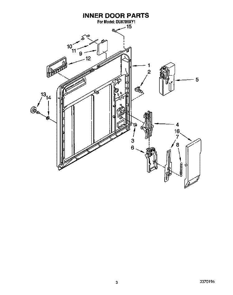 INNER DOOR Diagram and Parts List for DU8700XY1  Whirlpool Dishwasher