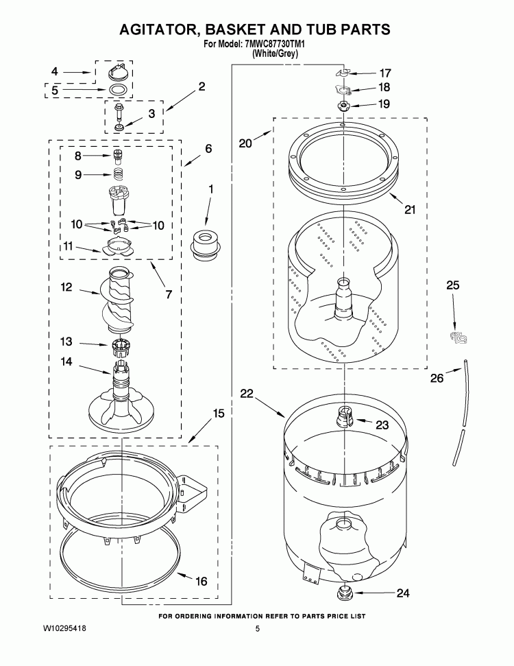 AGITATOR, BASKET AND TUB PARTS Diagram and Parts List for 7MWC87730TM1  Whirlpool Washer