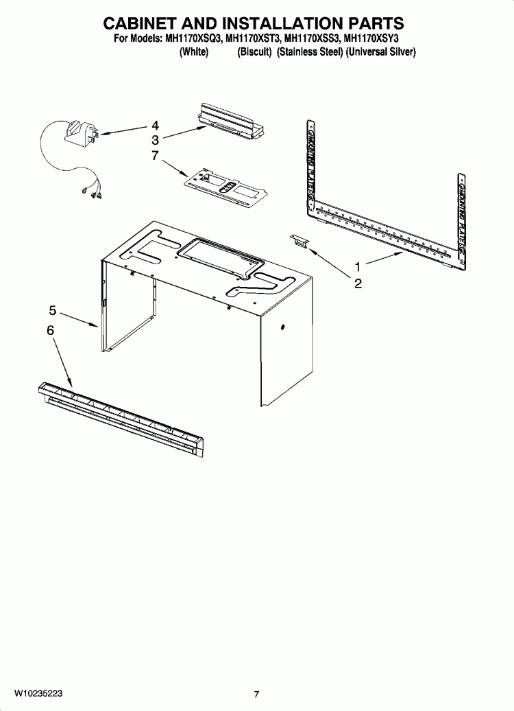 CABINET AND INSTALLATION PARTS Diagram and Parts List for MH1170XSQ3  Whirlpool Microwave