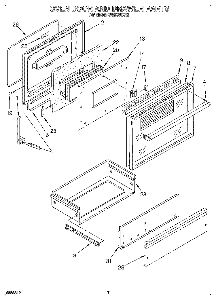 OVEN DOOR AND DRAWER Diagram and Parts List for SGS395XX2  Roper Range