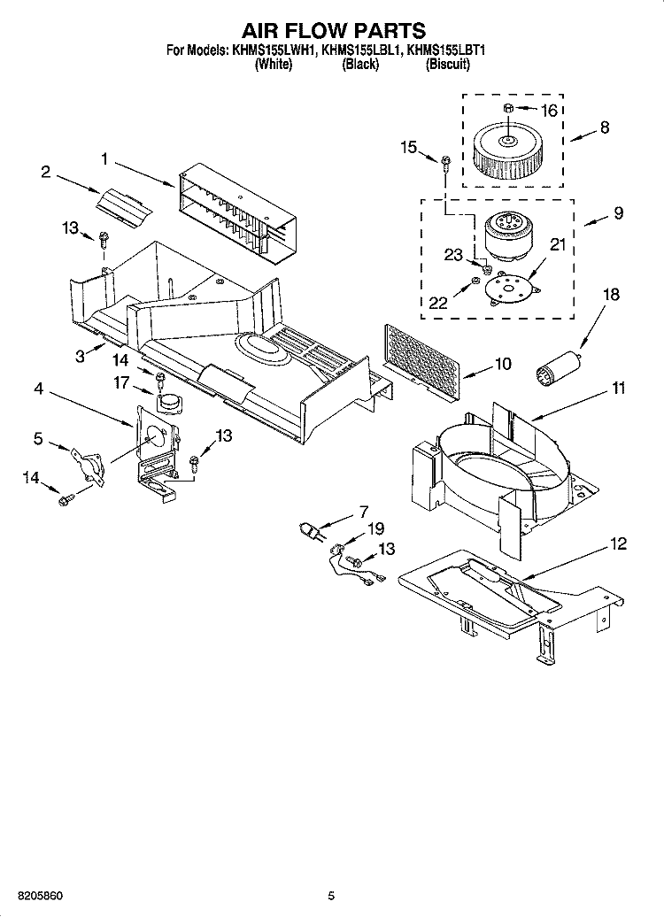 AIR FLOW PARTS Diagram and Parts List for KHMS155LWH1  KitchenAid Microwave