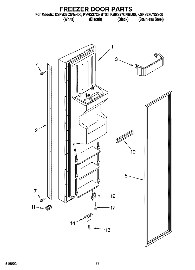 FREEZER DOOR PARTS Diagram and Parts List for KSRS27CNSS00  KitchenAid Refrigerator