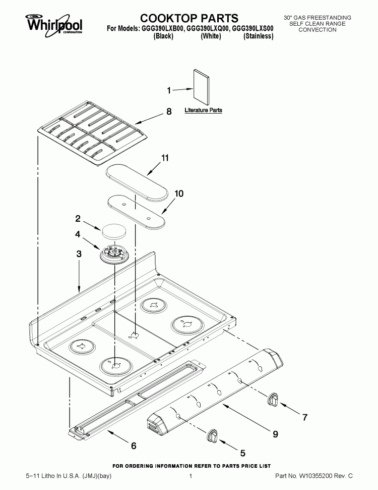 COOKTOP PARTS Diagram and Parts List for GGG390LXS00  Whirlpool Range