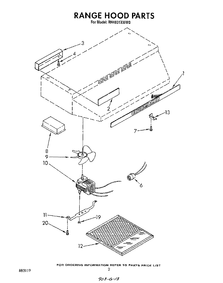 SECTION Diagram and Parts List for RH4931XWN0  Whirlpool Range Hood