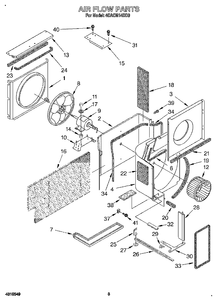 AIR FLOW Diagram and Parts List for 4CACM14DD0  Whirlpool Air Conditioner