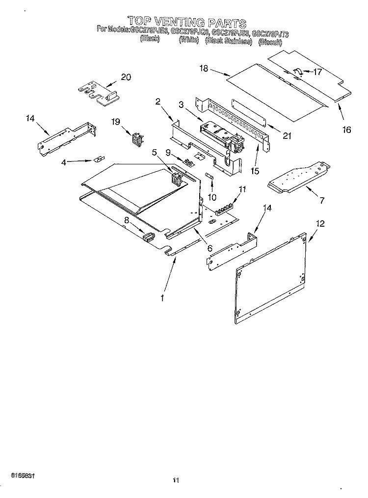TOP VENTING, OPTIONAL Diagram and Parts List for GSC278PJB3  Whirlpool Microwave Oven Combo