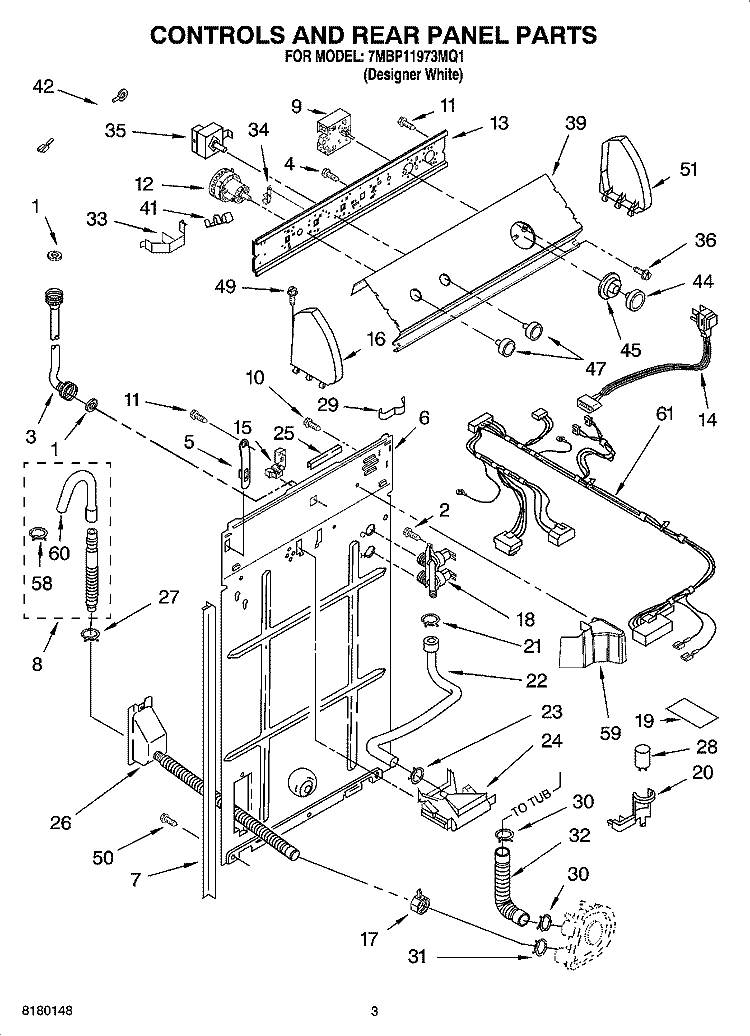 CONTROLS AND REAR PANEL PARTS Diagram and Parts List for 7MBP11973MQ1  Whirlpool Washer