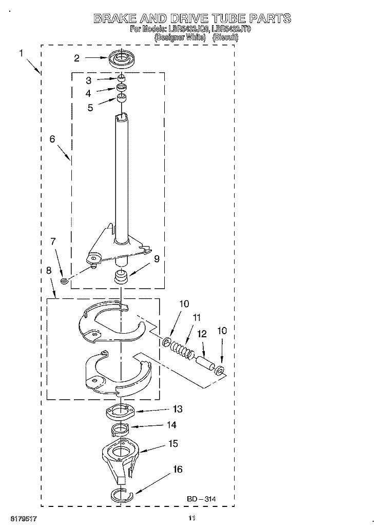 BRAKE AND DRIVE TUBE Diagram and Parts List for LBR5432JT0  Whirlpool Washer