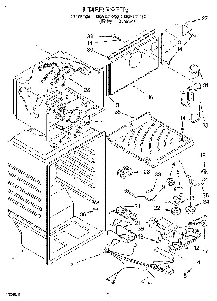LINER Diagram and Parts List for RT20AKXFW00  Roper Refrigerator