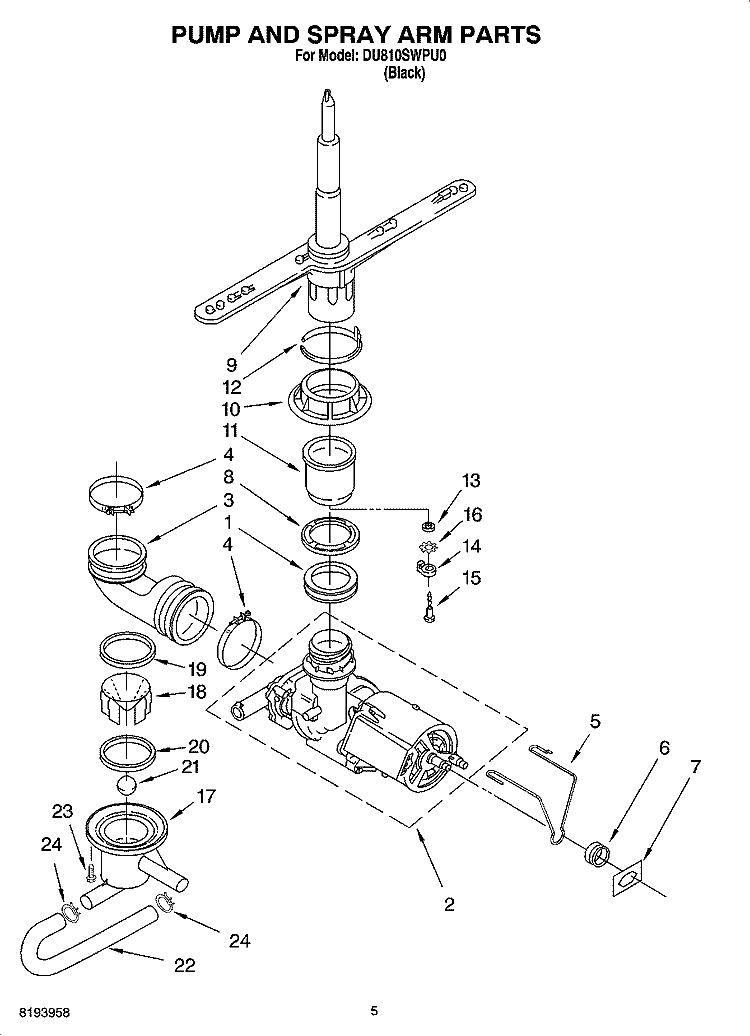 PUMP AND SPRAY ARM PARTS Diagram and Parts List for DU810SWPU0  Whirlpool Dishwasher