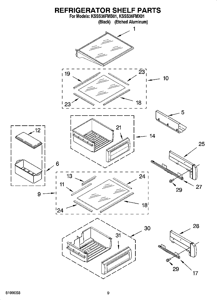 REFRIGERATOR SHELF PARTS Diagram and Parts List for KSSS36FMB01  KitchenAid Refrigerator