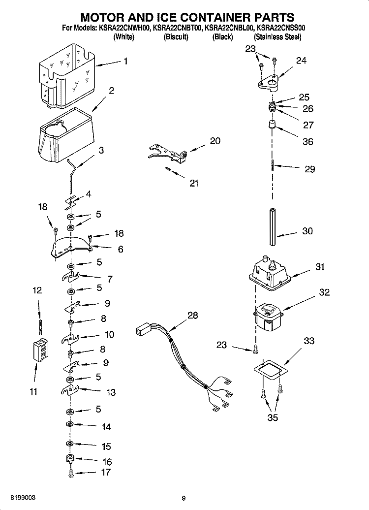 MOTOR AND ICE CONTAINER PARTS Diagram and Parts List for KSRA22CNSS00  KitchenAid Refrigerator