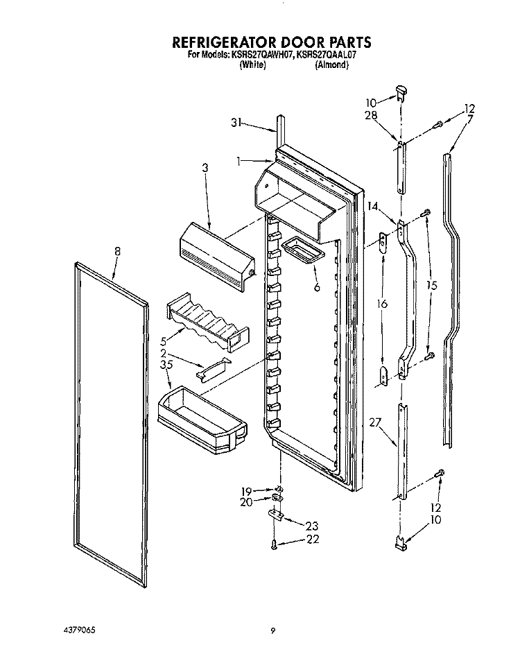 REFRIGERATOR DOOR Diagram and Parts List for KSRS27QAWH07  KitchenAid Refrigerator
