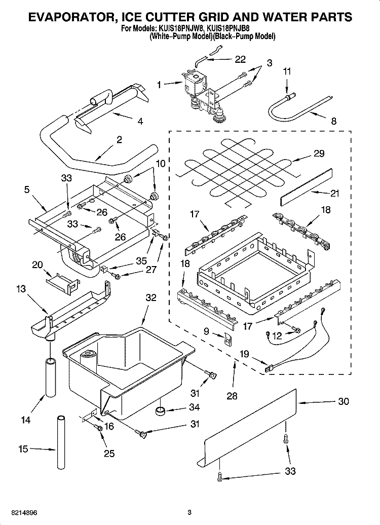 EVAPORATOR, ICE CUTTER GRID AND WATER PARTS Diagram and Parts List for KUIS18PNJW8  KitchenAid Ice Maker