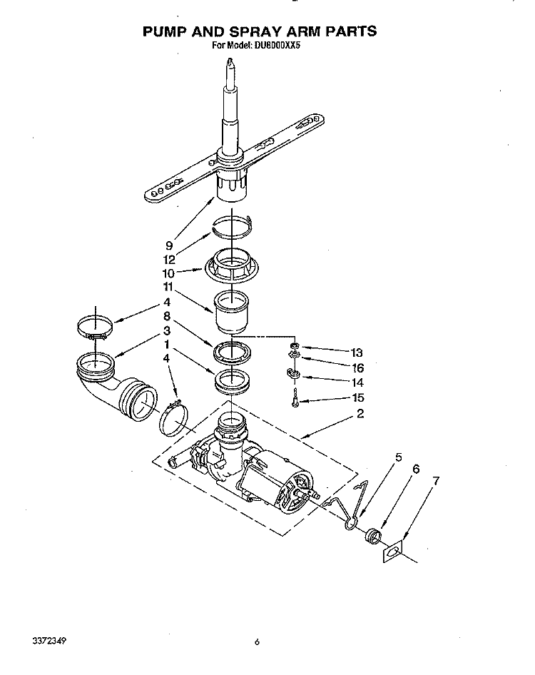 PUMP AND SPRAYARM Diagram and Parts List for DU8000XX5  Whirlpool Dishwasher