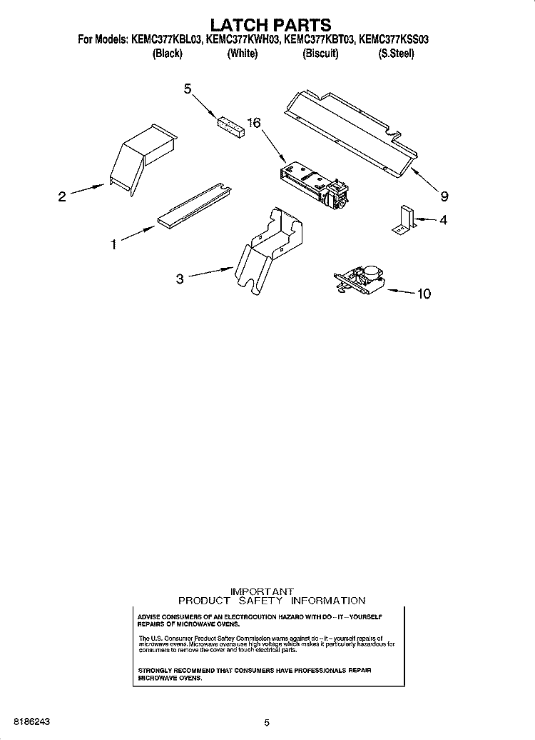 LATCH PARTS Diagram and Parts List for KEMC377KBL03  KitchenAid Microwave Oven Combo