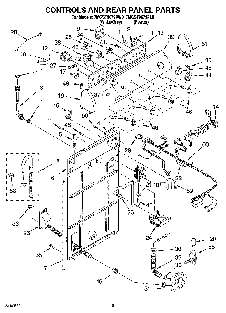 CONTROLS AND REAR PANEL PARTS Diagram and Parts List for 7MGST9679PL0  Whirlpool Washer