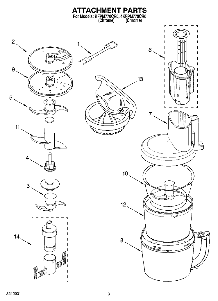ATTACHMENT PARTS Diagram and Parts List for 4KFPM770CR0  KitchenAid Food Processor