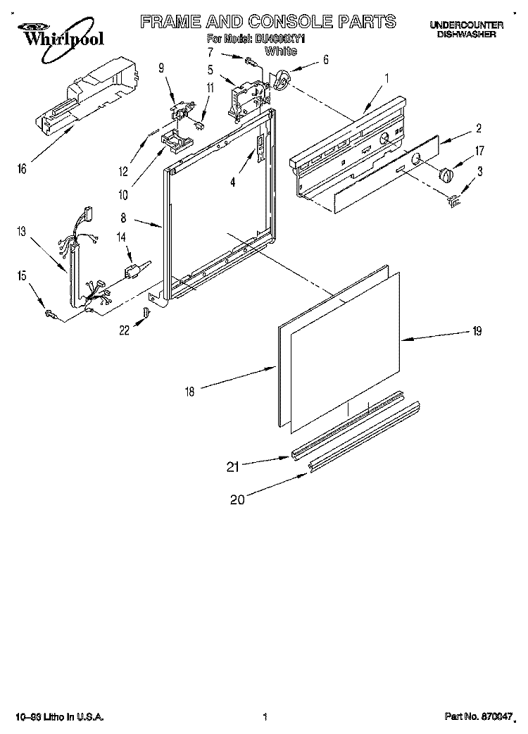 FRAME AND CONSOLE Diagram and Parts List for DU4000XY1  Whirlpool Dishwasher