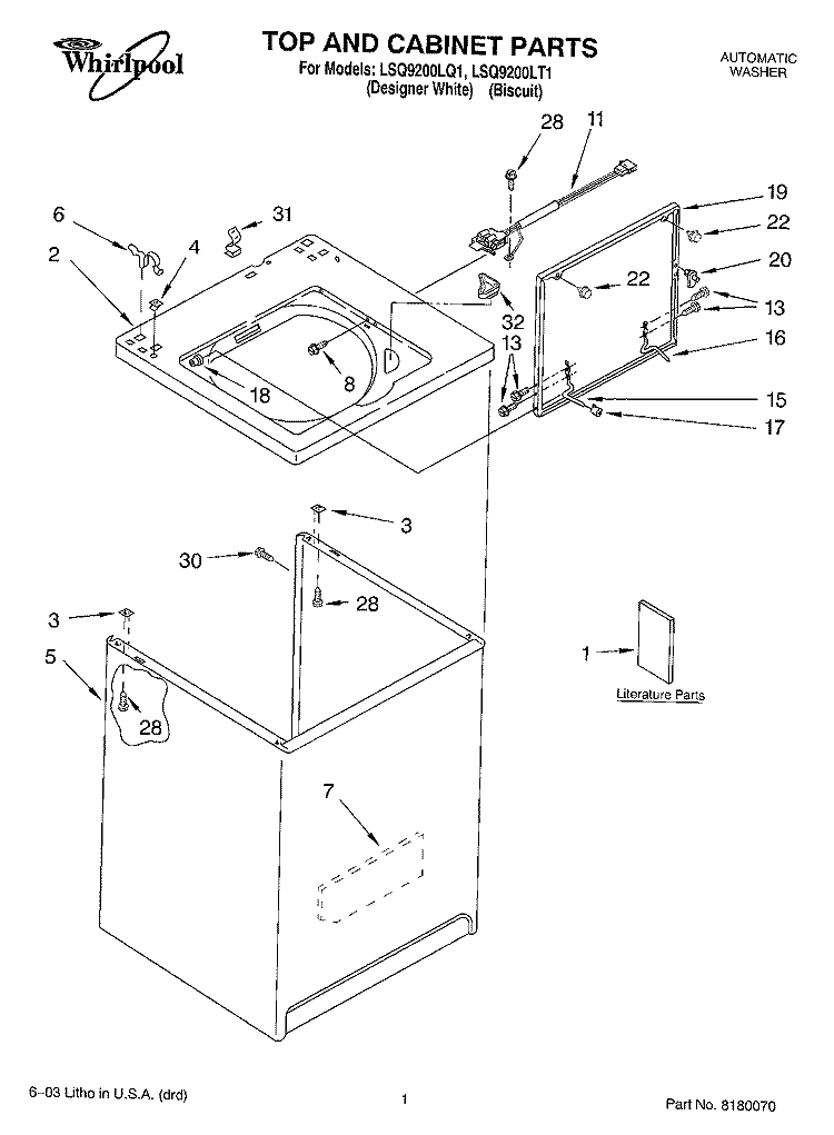 TOP AND CABINET PARTS Diagram and Parts List for LSQ9200LT1  Whirlpool Washer