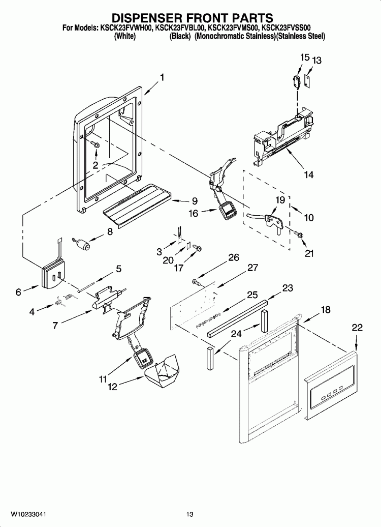 DISPENSER FRONT PARTS Diagram and Parts List for KSCK23FVSS00  KitchenAid Refrigerator